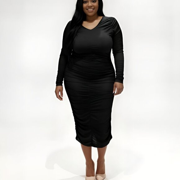 Curve Envy Ruched Midi Dress-Black/Plus Size - Picture 4 of 5